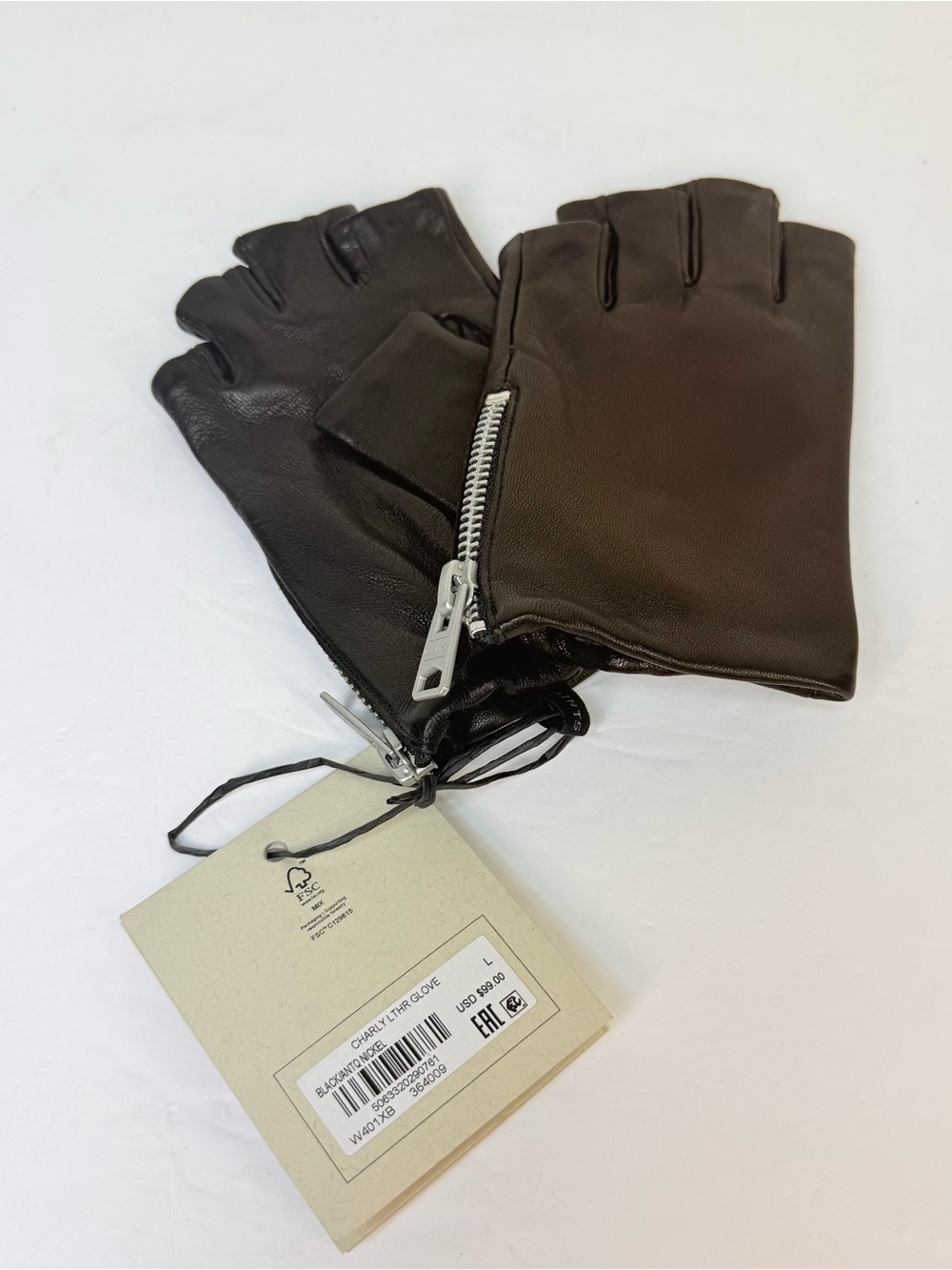 (NWT) All Saints Black Leather Fingerless Zip Gloves sz L